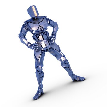 blauer humanoider Roboter steht breitbeinig