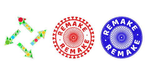 Centrifugal arrows composition of Christmas symbols, such as stars, fir trees, colored circles, and REMAKE scratched stamp prints. Vector REMAKE stamp seals uses guilloche ornament,