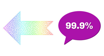 99.9% and arrow left vector. Spectral colorful mesh arrow left, and speech 99.9% cloud frame. Speech colored 99.9% cloud has shadow. Vector wireframe generated from arrow left icon with mesh.