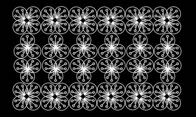 Lacy white contour flowers on a black background for textile design