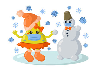 Cute kawaii pear with winter shoes, warm hat and medical protective face mask making a snowman surrounded by snowflakes and viruses. Colored isolated vector illustration in flat design with shadows	