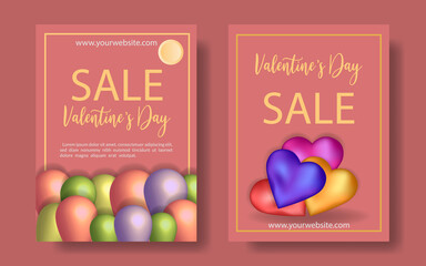 Poster sale happy valentines day balloons love illustration, template promotion sale celebration design isolated , pink flyer banner invitation