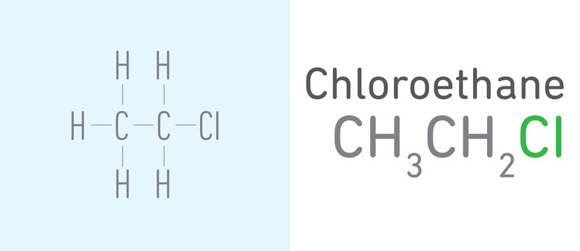 Chloroethane (CH3CH2CI) gas molecule.Stick model. Structural Chemical Formula. Chemistry Education