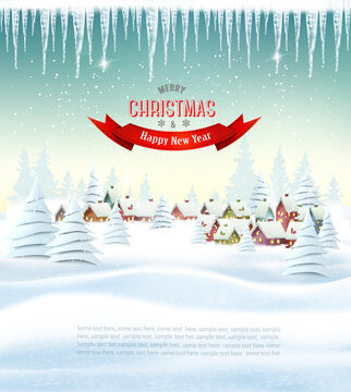 Holiday Christmas  and Happy New Year background with landscape and winter village. Vector.