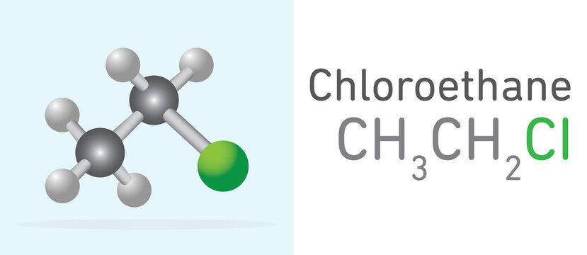 Chloroethane (CH3CH2CI) gas molecule. Stick model. Structural Chemical Formula. Chemistry Education