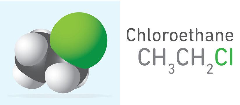 Chloroethane (CH3CH2CI) gas molecule. Space filling model. Structural Chemical Formula and Molecule Model. Chemistry Education