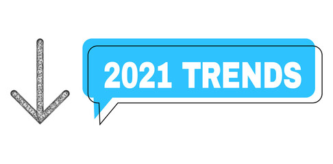 Chat 2021 Trends blue cloud frame and wire frame arrow down. Frame and colored area are shifted for 2021 Trends label, which is located inside blue cloud. Vector quote text inside chat contour.