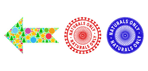 Arrow left composition of New Year symbols, such as stars, fir trees, bright circles, and NATURALS ONLY scratched stamp seals. Vector NATURALS ONLY stamp seals uses guilloche pattern,