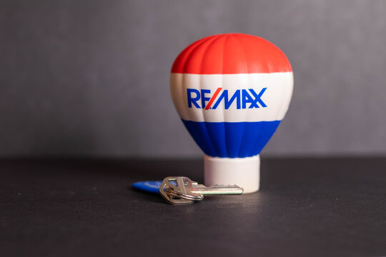 Fort Myers, FL / USA-1/204/20: Remax Balloon Real Estate Maximums stress ball isolated on black studio background Space for text ( ad copy space ) with key 