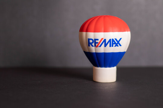 Fort Myers, FL / USA-1/204/20: Remax Balloon Real Estate Maximums stress ball isolated on black studio background Space for text ( ad copy space ) with key 
