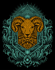 Illustration vector Sheep's  head with vintage engraving ornament on black background.