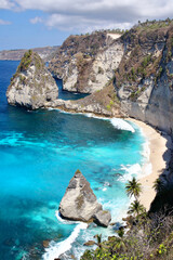 Main view of Diamond beach seen from Atuh cliff, one of the most amazing spots in Nusa Penida island, Bali, Indonesia.