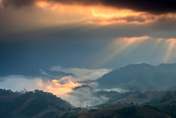 Gold light beam over a foggy mountain