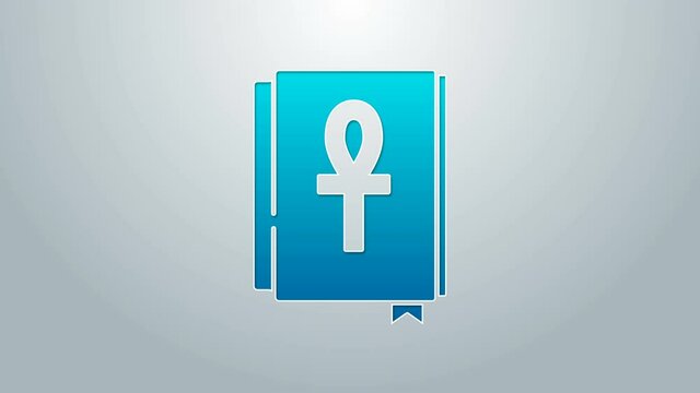 Blue line Cross ankh book icon isolated on grey background. 4K Video motion graphic animation