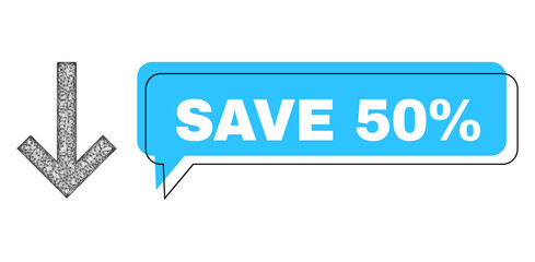 Conversation Save 50% blue bubble message and wire frame down arrow. Frame and colored area are shifted to Save 50% text, which is located inside blue colored banner.