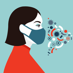 Female character wearing protective mask. Social antivirus concept. Vector illustration in flat style.
