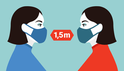 Female characters in masks. Social distancing concept. Vector illustration in flat style.