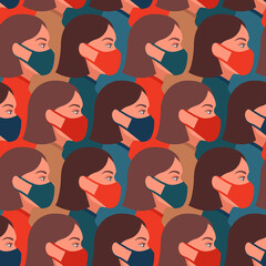 Vector seamless pattern with girls wearing face medical masks, respirators. Coronavirus COVID-2019 concept.