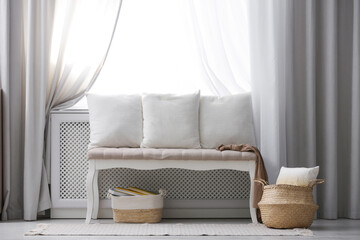 Beautiful curtains on window in stylish room interior