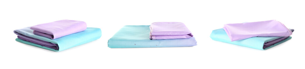 Set with stacks of clean bed linen on white background. Banner design