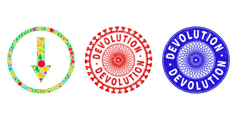 Down rounded arrow mosaic of New Year symbols, such as stars, fir trees, colored balls, and DEVOLUTION scratched stamp imitations. Vector DEVOLUTION watermarks uses guilloche pattern,