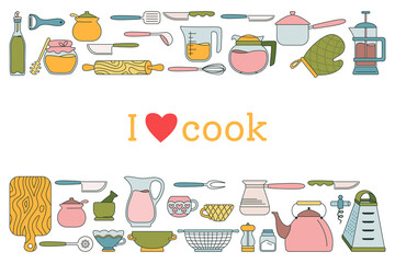 Kitchen tool line cartoon illustration. Modern cooking flat bakingdishes, equipments. Dishes cup, tack teapot, grater pan. Vector kitchen utensils objects. Food preparation, I love cook