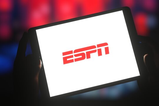 Logo of American cable sports channel ESPN displayed on tablet screen. Editorial 3d rendering.