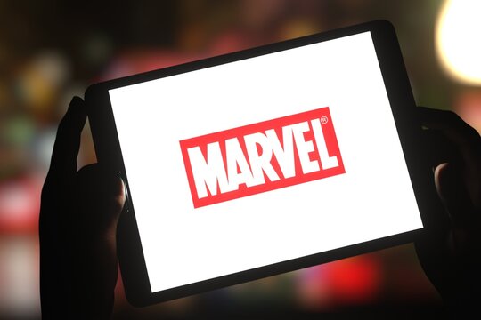 Logo of entertainment company Marvel displayed on tablet screen. Editorial 3d rendering.