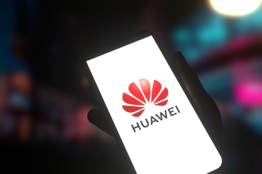 Logo of Chinese multinational technology company Huawei displayed on smartphone screen. Editorial 3d rendering.