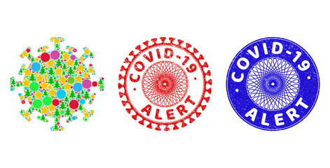 Fototapeta premium Contagious virus collage of Christmas symbols, such as stars, fir-trees, color round items, and COVID-19 ALERT scratched seals. Vector COVID-19 ALERT seals uses guilloche ornament,