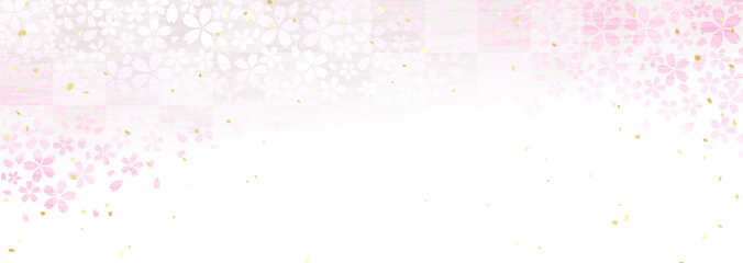 桜の花と市松模様の横長の背景イラスト