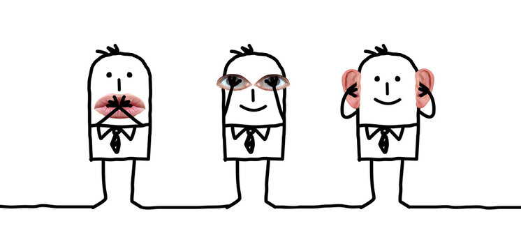 Cartoon three Men Hiding Mouth, Eyes and Ears