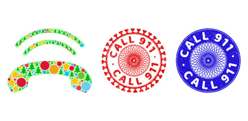 Fototapeta premium Phone ring mosaic of New Year symbols, such as stars, fir-trees, color round items, and CALL 911 unclean watermarks. Vector CALL 911 watermarks uses guilloche pattern,