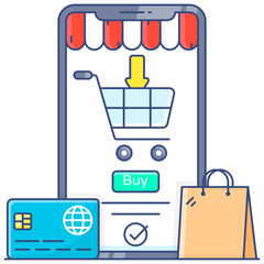 
Flat outline icon of mobile commerce, online shopping app
