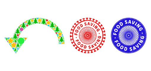 Rotate ccw mosaic of New Year symbols, such as stars, fir trees, color balls, and FOOD SAVING rubber stamps. Vector FOOD SAVING stamp seals uses guilloche pattern, designed in red and blue variants.