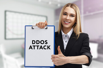 Business, technology, internet and network concept. Young businessman thinks over the steps for successful growth: Ddos attack