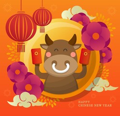 Chinese Lunar New Year Zodiac Bull holding a red envelope, paper cut three-dimensional relief poster or greeting card, cartoon vector illustration