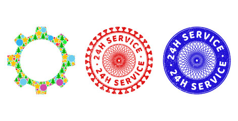 Gear wheel mosaic of New Year symbols, such as stars, fir-trees, multicolored circles, and 24H SERVICE grunge stamp prints. Vector 24H SERVICE imprints uses guilloche pattern,