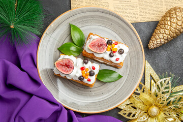 top view yummy waffle cakes with fruits on the dark background sweet cake photo cream sugar dessert