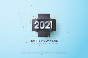 2021 Happy New Year background with numbers illustration inside a black gift box.