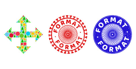 Expand arrows composition of Christmas symbols, such as stars, fir trees, color circles, and FORMAT rough seals. Vector FORMAT stamp seals uses guilloche pattern, designed in red and blue variants.