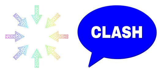 Clash and compact arrows vector. Spectral colorful net compact arrows, and conversation Clash bubble frame. Speech colored Clash bubble has shadow.
