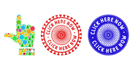 Hand pointer up mosaic of Christmas symbols, such as stars, fir-trees, colored spheres, and CLICK HERE NOW corroded watermarks. Vector CLICK HERE NOW watermarks uses guilloche ornament,