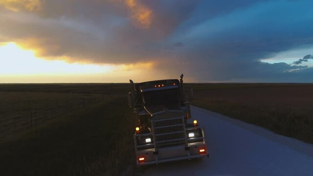 Aerial of a Grain Truck at Sunset