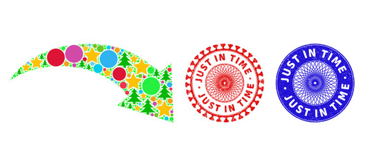 Fototapeta premium Redo composition of Christmas symbols, such as stars, fir-trees, colored circles, and JUST IN TIME grunge stamp seals. Vector JUST IN TIME stamp seals uses guilloche ornament,