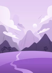 Gordijnen Purper Vector illustration of the Korean winter landscape with mountains and clouds.  © 지은 이