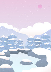 Vector illustration of the Korean winter landscape with snowy lake and pine trees.