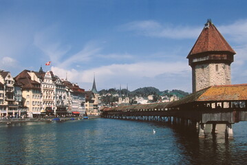 View of Lucerne City Skyline and Chapel Bridge in Lucerne, Switzerland.