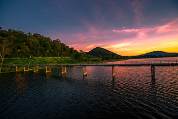 Fototapeta premium The background of the morning light, the wallpaper of the Twilight sky, the lake or the sea, is a natural beauty, seen between travel.