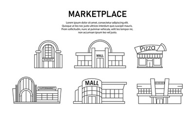 Collection of vector illustrations of supermarkets and malls. Suitable for illustrations from sales promotions, shopping centers, and e-commerce. Outlined supermarket icon set.